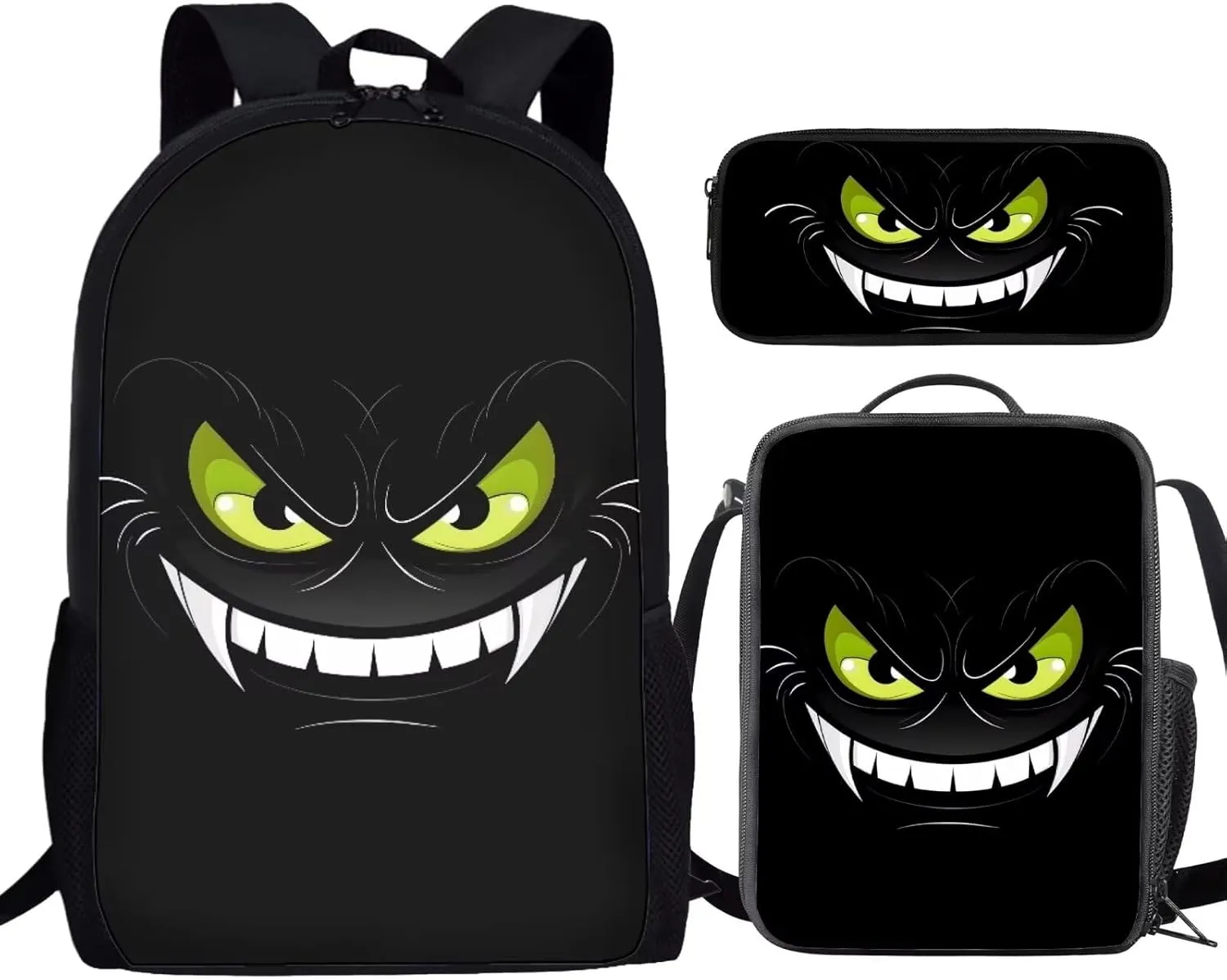 Howilath Black Monster Face Print Backpacks for Girls Kids School Cute Bookbag for Kindergarten Elementary School Backpack for Boys Lightweight School Bag with Lunch Box