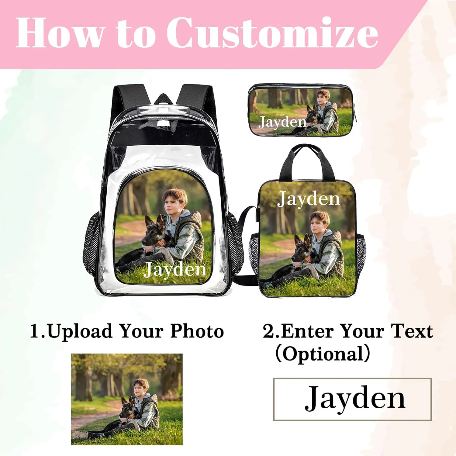 Husguciy Custom Clear Backpack Sets, Personalized 3Pcs Name Clear Backpack with Your Photo Logo Text for Sport Events Work Travel, Customized Transparent Backpack Presents for Adults Men Women