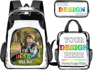 Husguciy Custom Clear Backpack Sets, Personalized 3Pcs Name Clear Backpack with Your Photo Logo Text for Sport Events Work Travel, Customized Transparent Backpack Presents for Adults Men Women