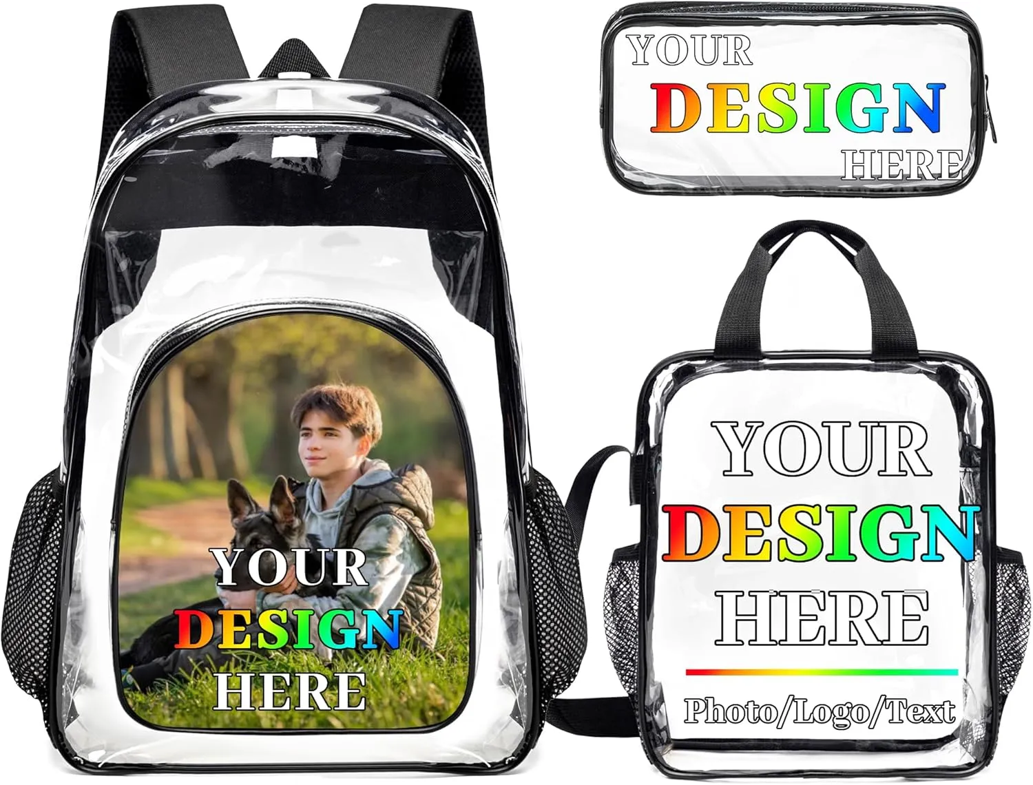 Husguciy Custom Clear Backpack Sets, Personalized 3Pcs Name Clear Backpack with Your Photo Logo Text for Sport Events Work Travel, Customized Transparent Backpack Presents for Adults Men Women