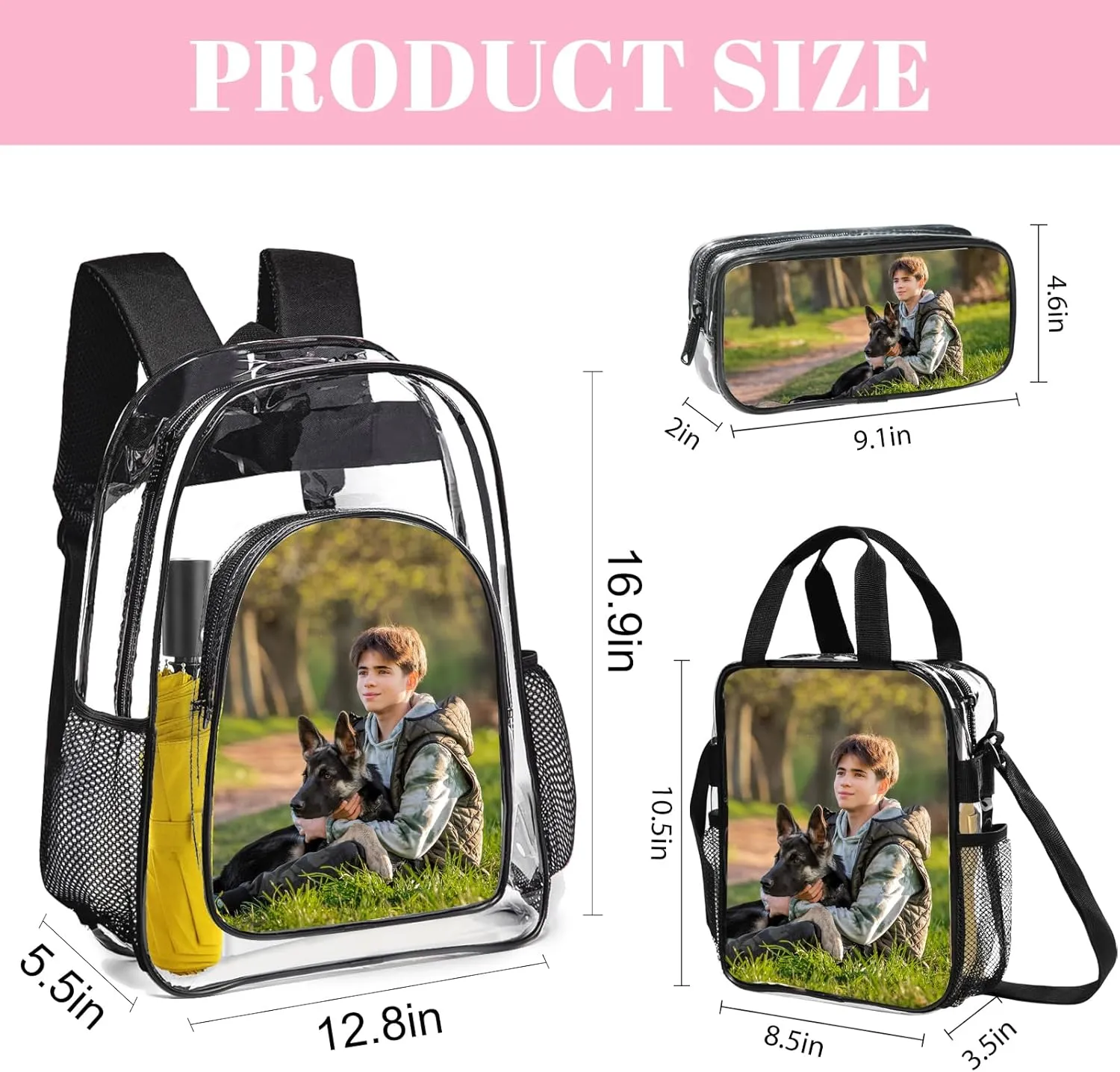 Husguciy Custom Clear Backpack Sets, Personalized 3Pcs Name Clear Backpack with Your Photo Logo Text for Sport Events Work Travel, Customized Transparent Backpack Presents for Adults Men Women