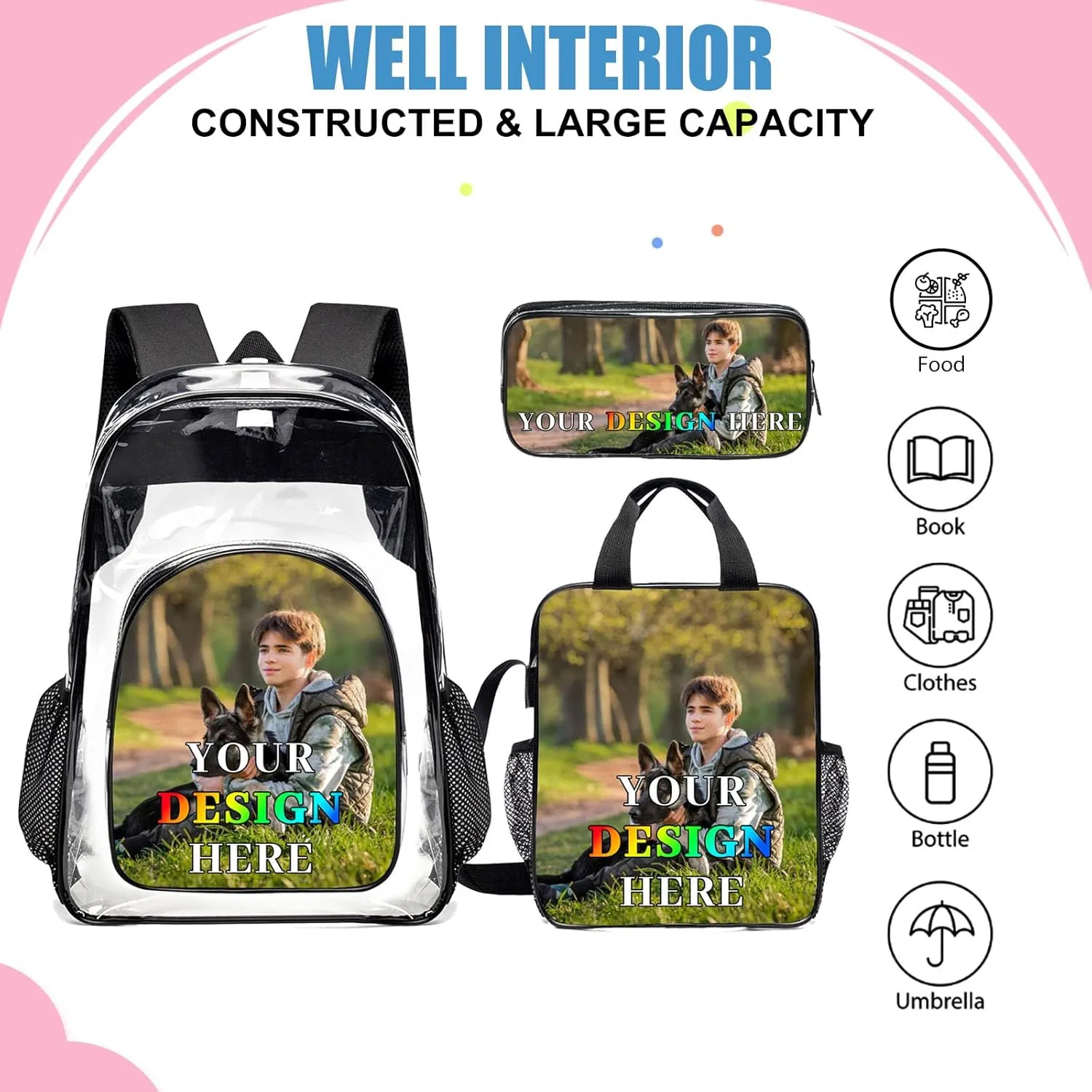Husguciy Custom Clear Backpack Sets, Personalized 3Pcs Name Clear Backpack with Your Photo Logo Text for Sport Events Work Travel, Customized Transparent Backpack Presents for Adults Men Women