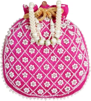 IGH Potli Bag for Women Beaded Pearl Potli Pouch Traditional Bridal Potli for Return Gift, Wedding Indian Designer Silk Potli Purse Handmade Clutch Handbag 9x8 Inches [1 Pack, Pink]