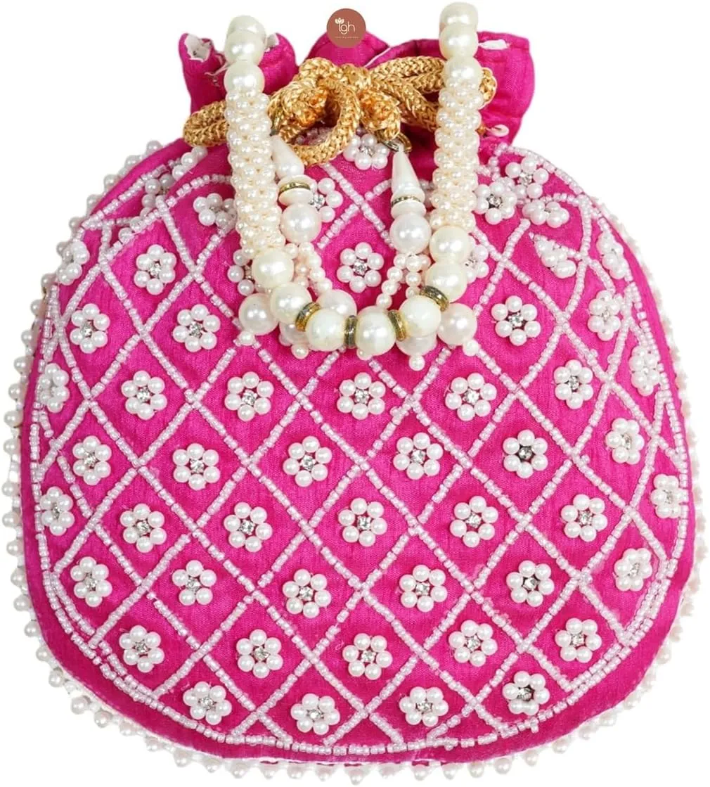IGH Potli Bag for Women Beaded Pearl Potli Pouch Traditional Bridal Potli for Return Gift, Wedding Indian Designer Silk Potli Purse Handmade Clutch Handbag 9x8 Inches [1 Pack, Pink]