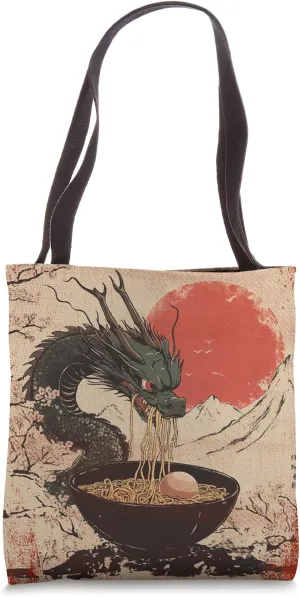 Japanese Woodblock Mythical Dragon Eating Ramen Tatsu Print Tote Bag