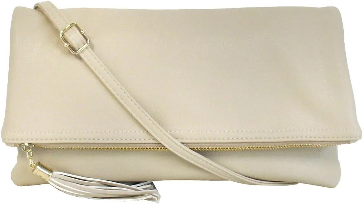 JNB Women's Faux Leather Zipper Foldover Clutch Purse with Tassel