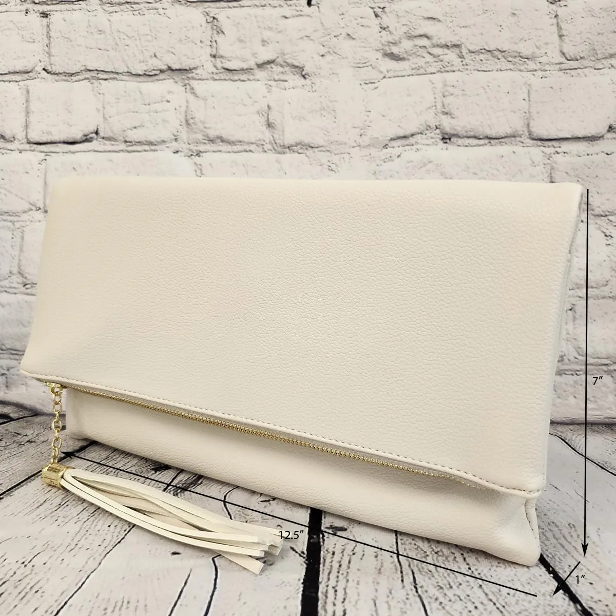 JNB Women's Faux Leather Zipper Foldover Clutch Purse with Tassel