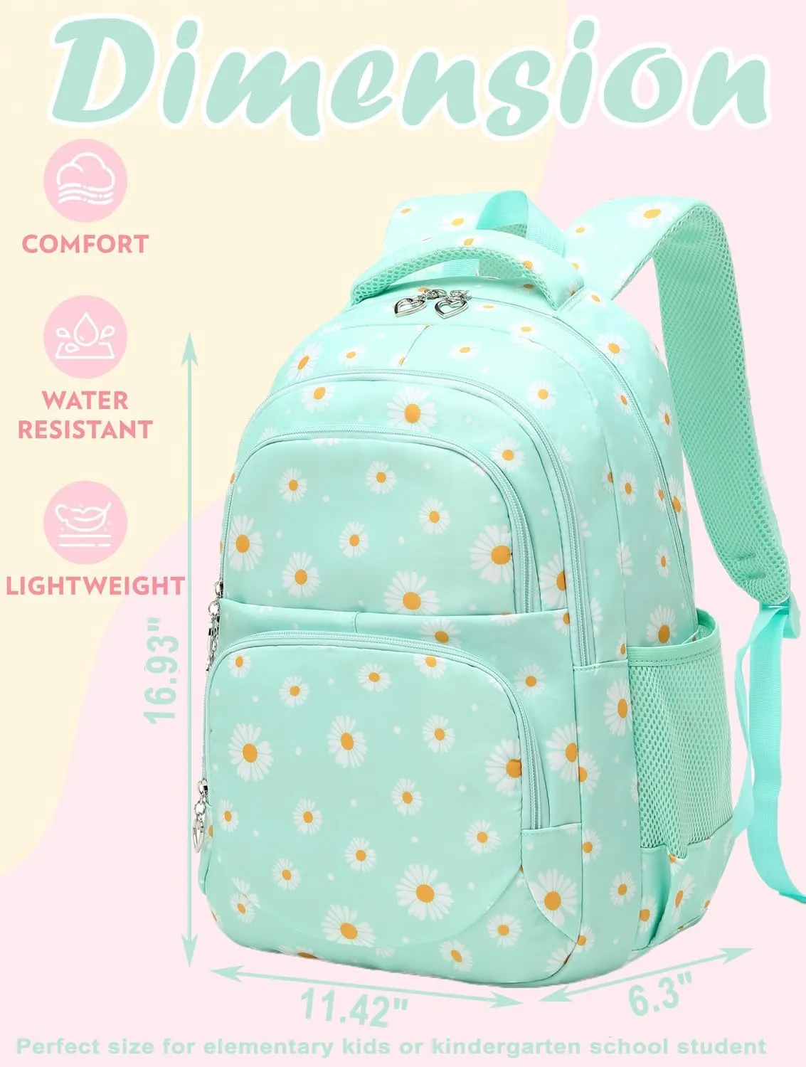 Joyfulife Lightweight Water Resistant Daisy Backpacks for Girls School Backpack with Lunch Bag and Pencil Case