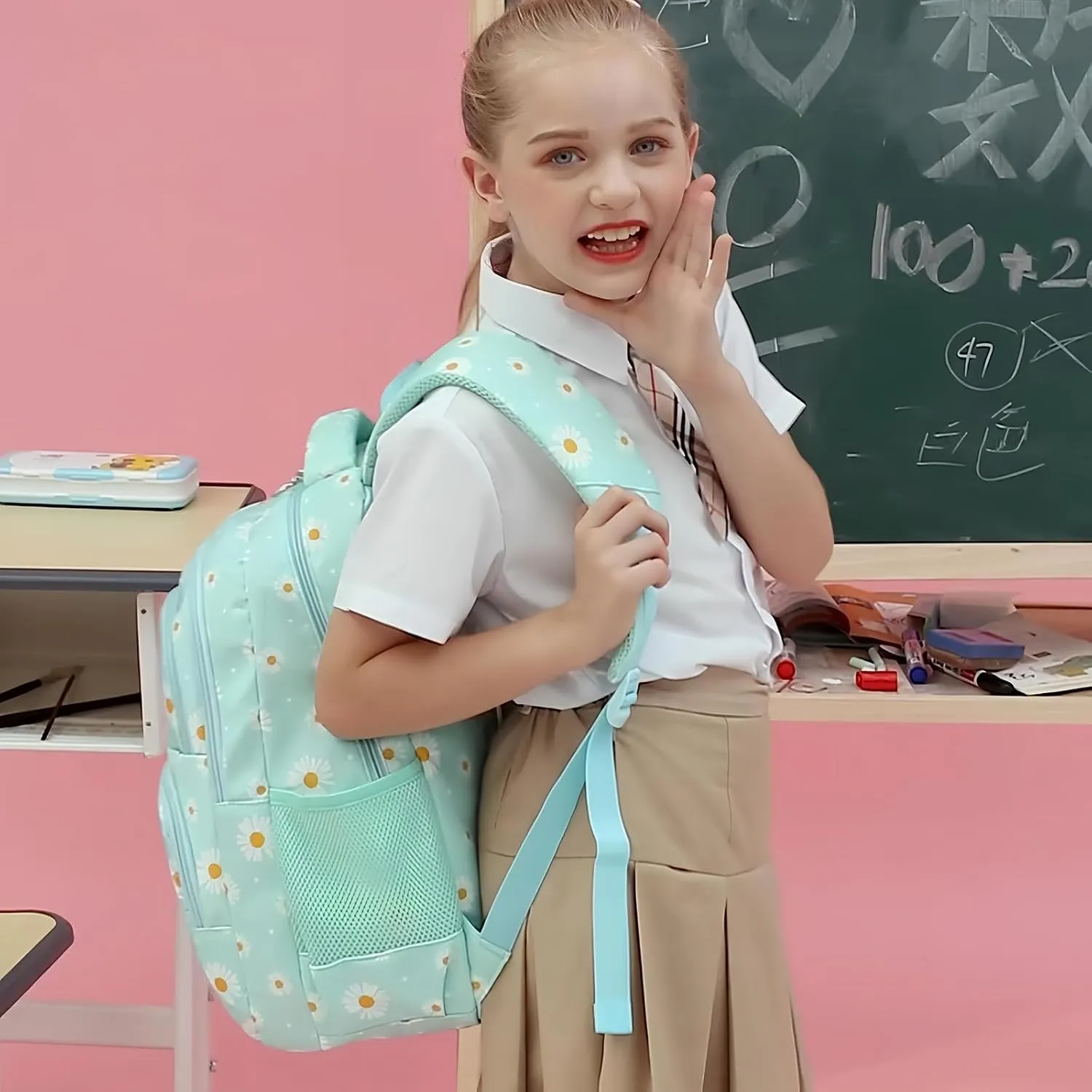 Joyfulife Lightweight Water Resistant Daisy Backpacks for Girls School Backpack with Lunch Bag and Pencil Case