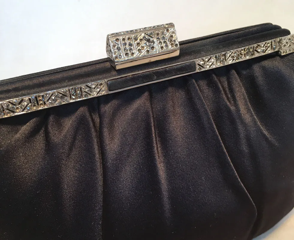 Judith Leiber Black Silk Silver Trim Evening Clutch
