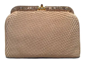 Judith Leiber Vintage Rouched Tan Silk and Swarovski Crystal Clutch