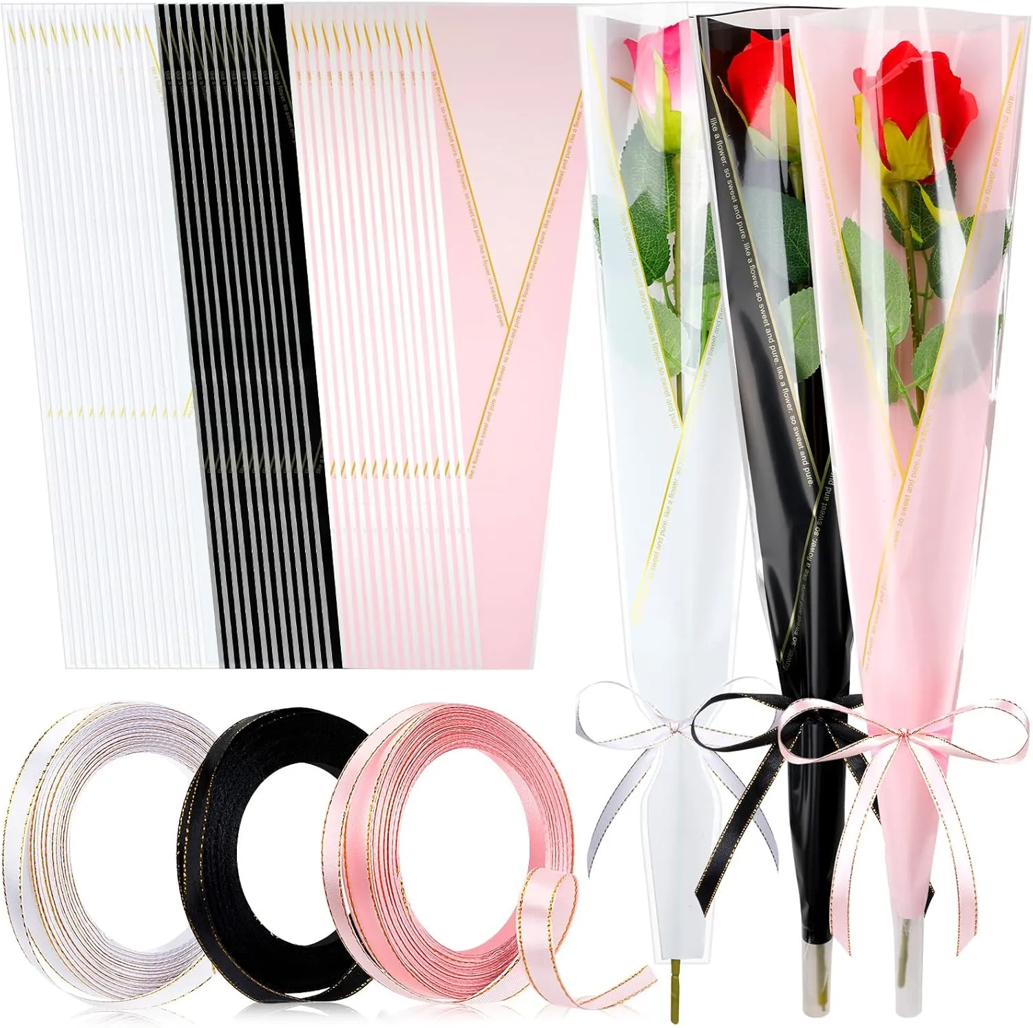 Jutom 300 Pcs Graduation Single Rose Sleeve Flower Wrap Anniversary Single Flower Wrapping Bags with 3 Polyester Satin Ribbon for Floral Supplies Birthday Gift(Black, Pink, White, Classic Style)