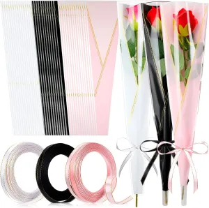 Jutom 300 Pcs Graduation Single Rose Sleeve Flower Wrap Anniversary Single Flower Wrapping Bags with 3 Polyester Satin Ribbon for Floral Supplies Birthday Gift(Black, Pink, White, Classic Style)
