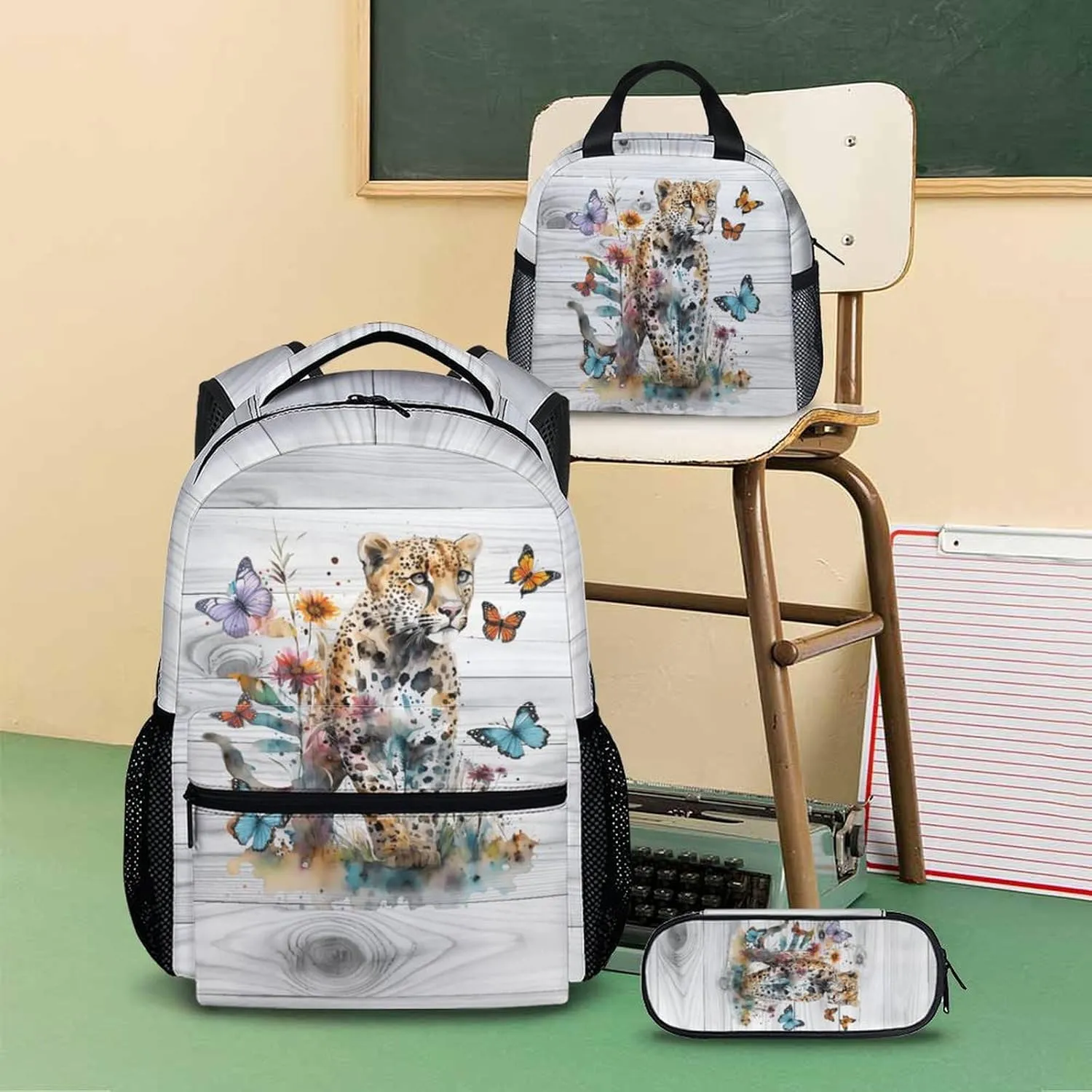 Kids Backpack with Lunch Box Set for Women Girls, Set of 3 Cheetah Print School Backpacks Matching Combo for Cheetah Lovers, Back to School Supplies Gifts