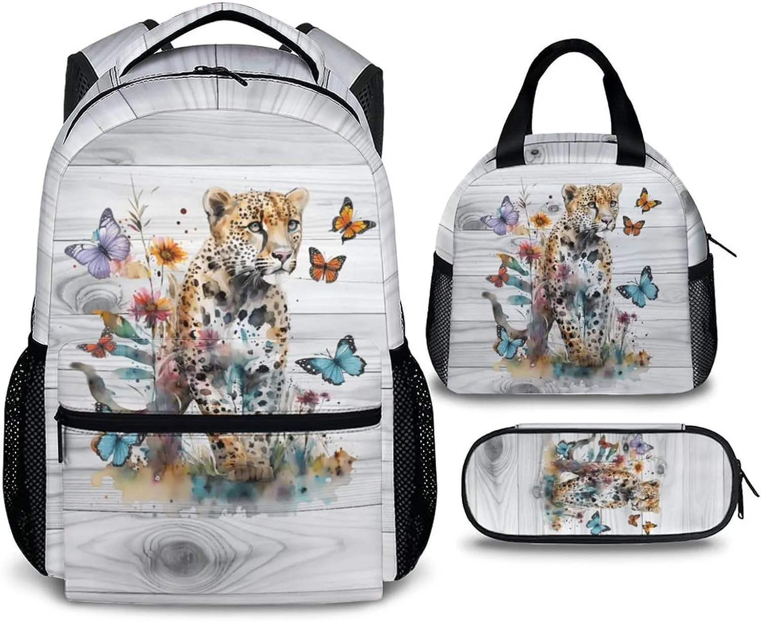 Kids Backpack with Lunch Box Set for Women Girls, Set of 3 Cheetah Print School Backpacks Matching Combo for Cheetah Lovers, Back to School Supplies Gifts