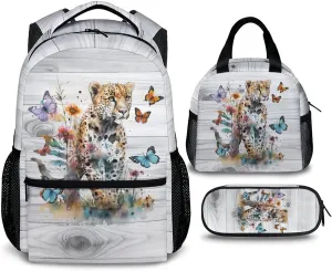 Kids Backpack with Lunch Box Set for Women Girls, Set of 3 Cheetah Print School Backpacks Matching Combo for Cheetah Lovers, Back to School Supplies Gifts
