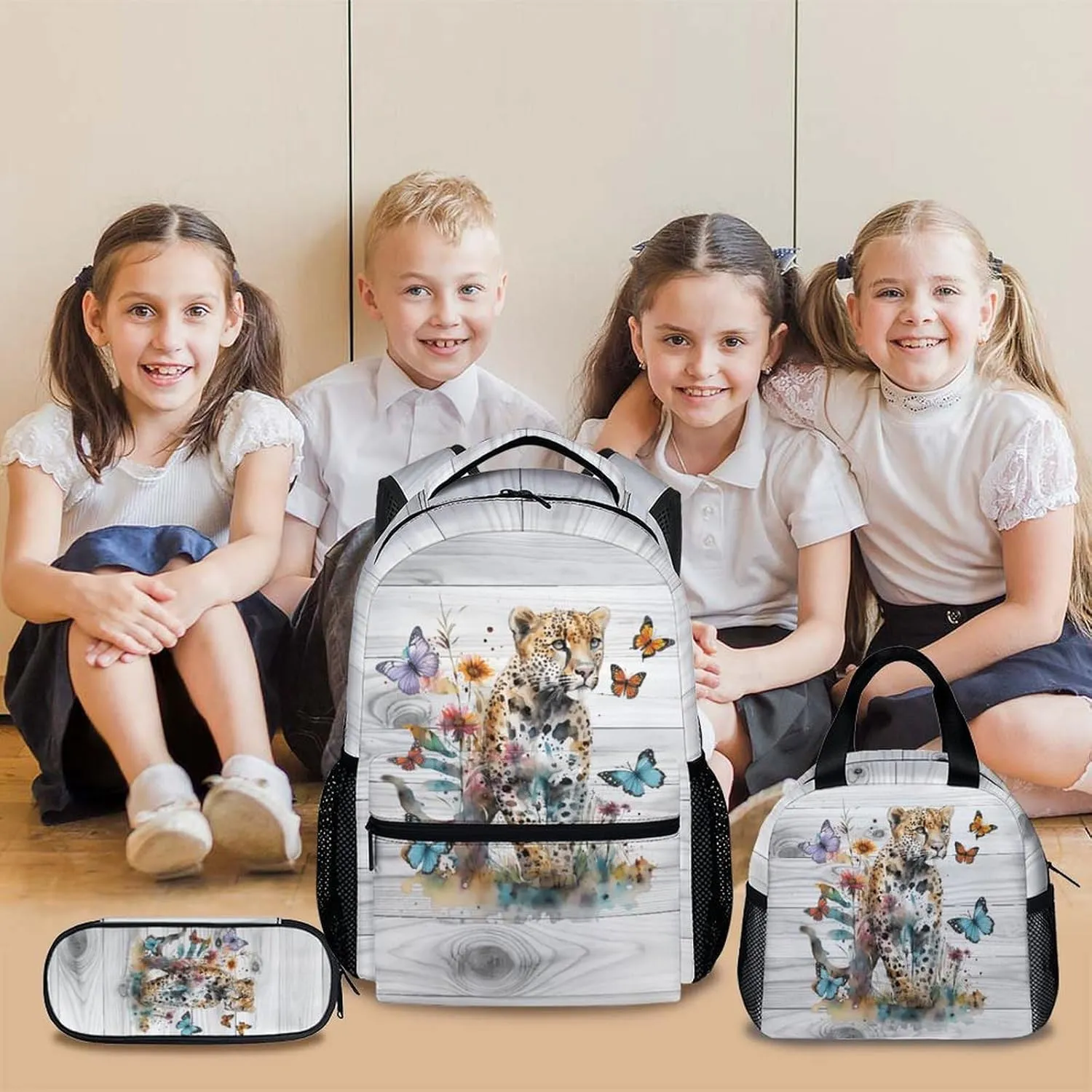 Kids Backpack with Lunch Box Set for Women Girls, Set of 3 Cheetah Print School Backpacks Matching Combo for Cheetah Lovers, Back to School Supplies Gifts