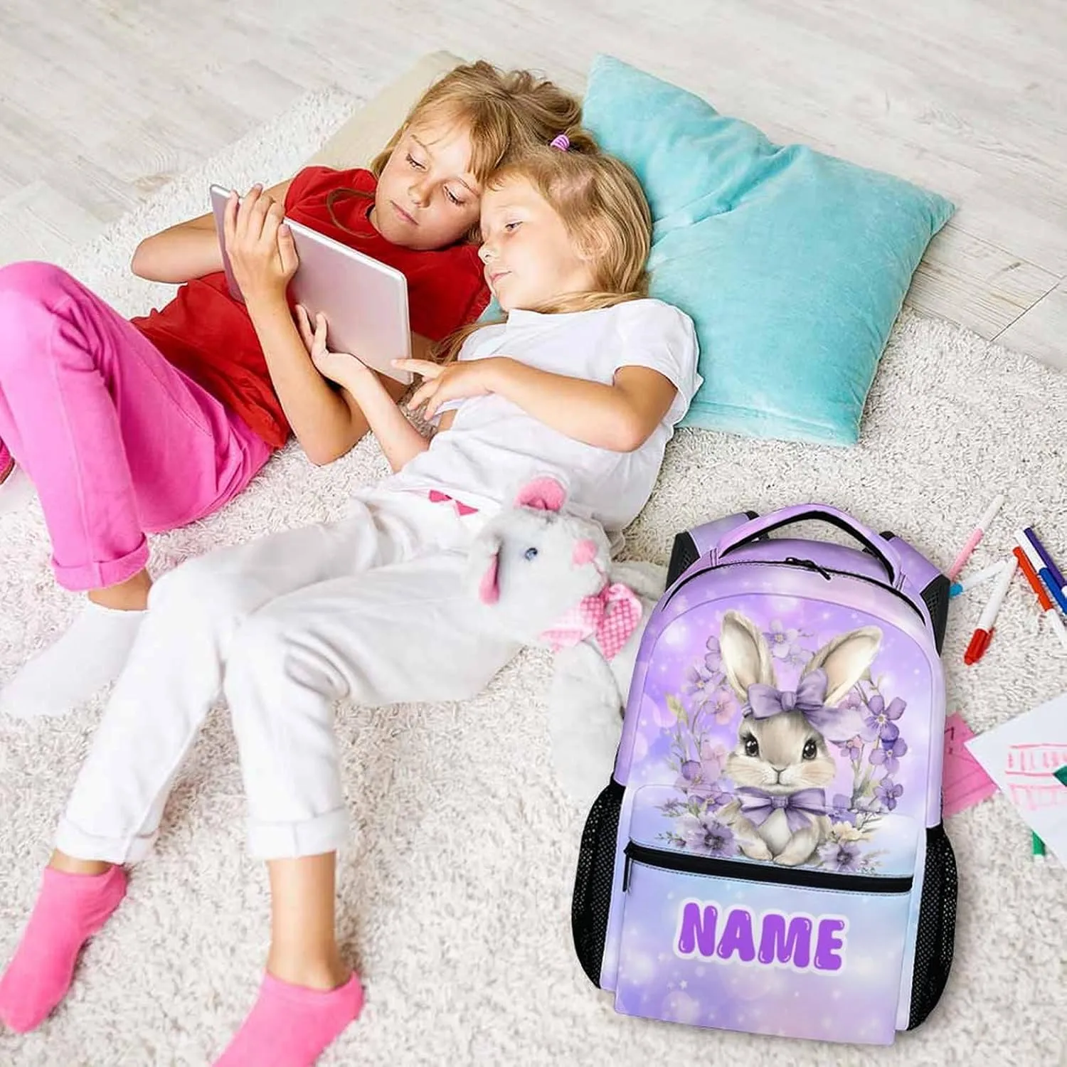 Kids Backpacks, Custom Rabbit Backpack for Girls 3-8, Gift for Kids Back to School, Casual Elementary Kindergarten Bookbag for Travel, Work and School