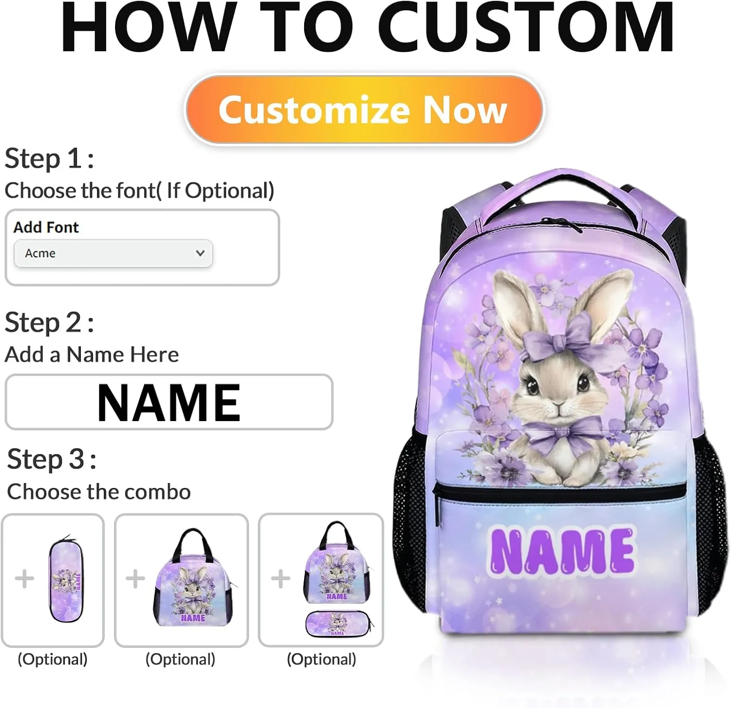 Kids Backpacks, Custom Rabbit Backpack for Girls 3-8, Gift for Kids Back to School, Casual Elementary Kindergarten Bookbag for Travel, Work and School