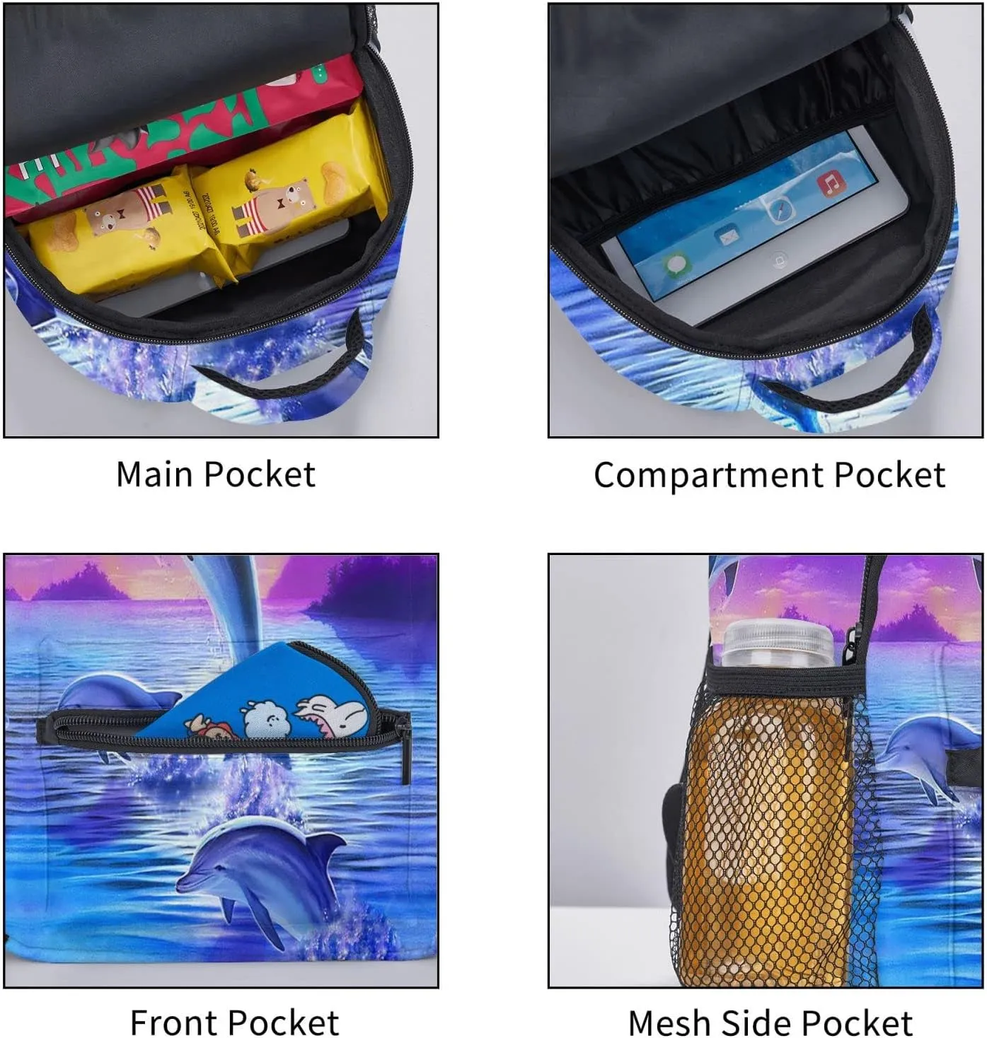 Kids Galaxy Moon Dolphins Backpack Bookbag 12 inch Laptop Bag Shoulder Bag Casual Daypack for Girl Boys