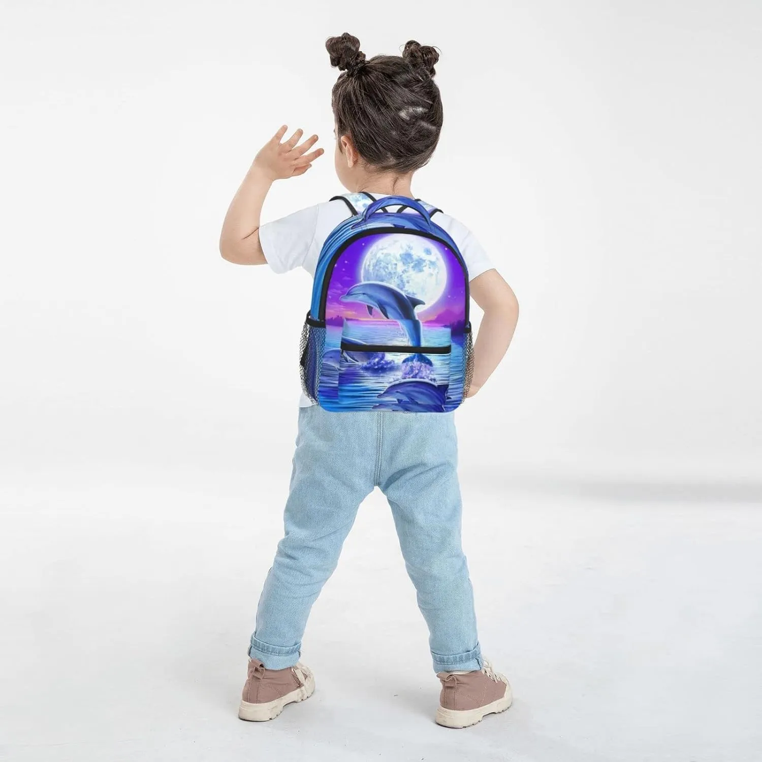 Kids Galaxy Moon Dolphins Backpack Bookbag 12 inch Laptop Bag Shoulder Bag Casual Daypack for Girl Boys