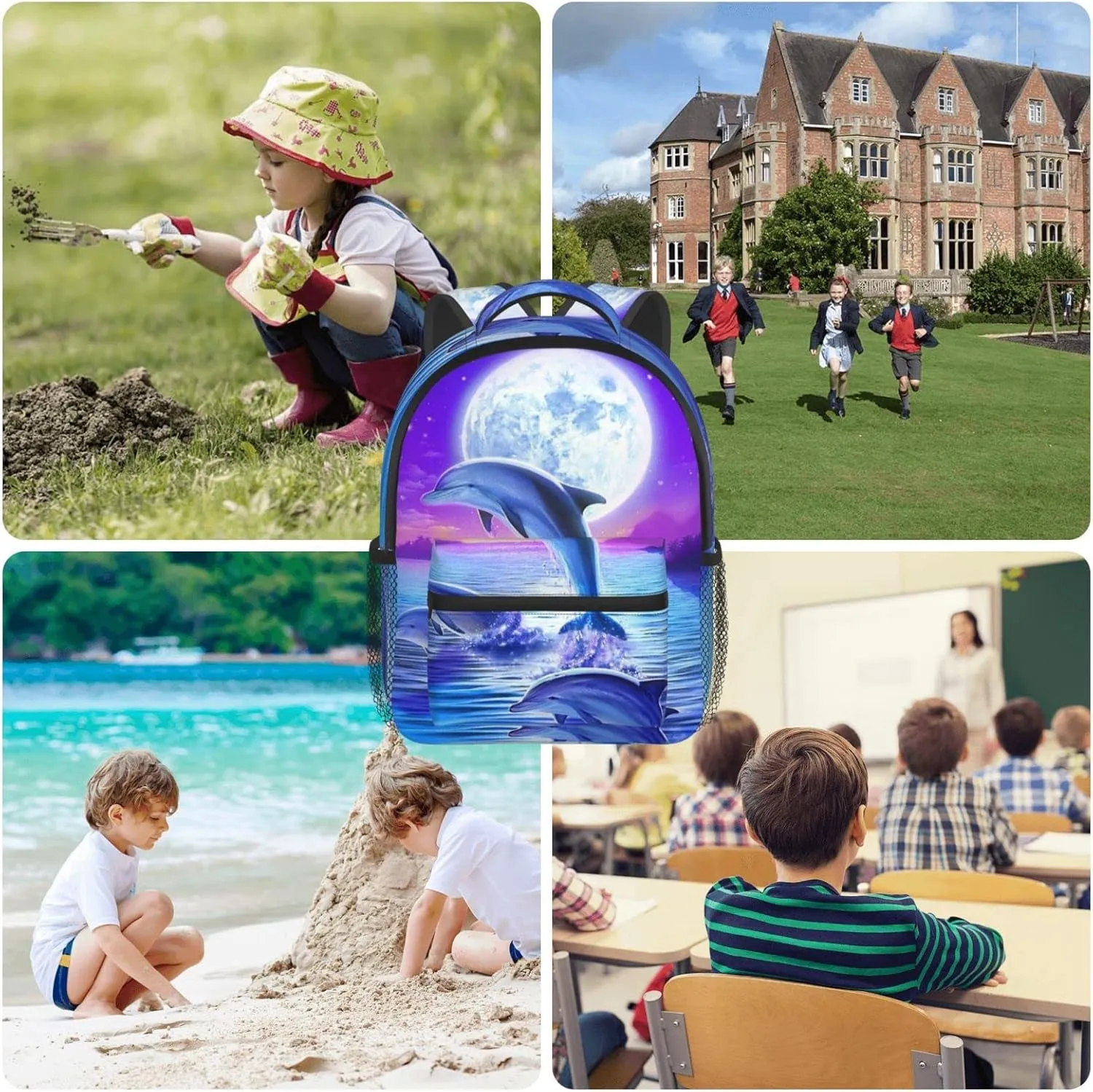 Kids Galaxy Moon Dolphins Backpack Bookbag 12 inch Laptop Bag Shoulder Bag Casual Daypack for Girl Boys