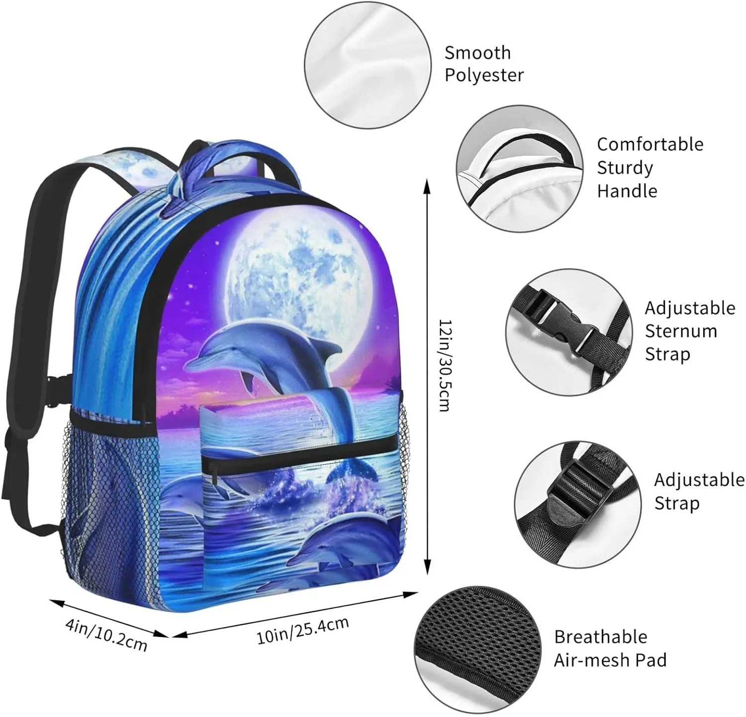 Kids Galaxy Moon Dolphins Backpack Bookbag 12 inch Laptop Bag Shoulder Bag Casual Daypack for Girl Boys