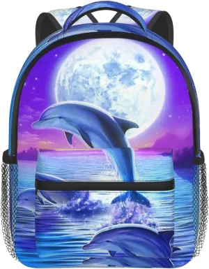 Kids Galaxy Moon Dolphins Backpack Bookbag 12 inch Laptop Bag Shoulder Bag Casual Daypack for Girl Boys