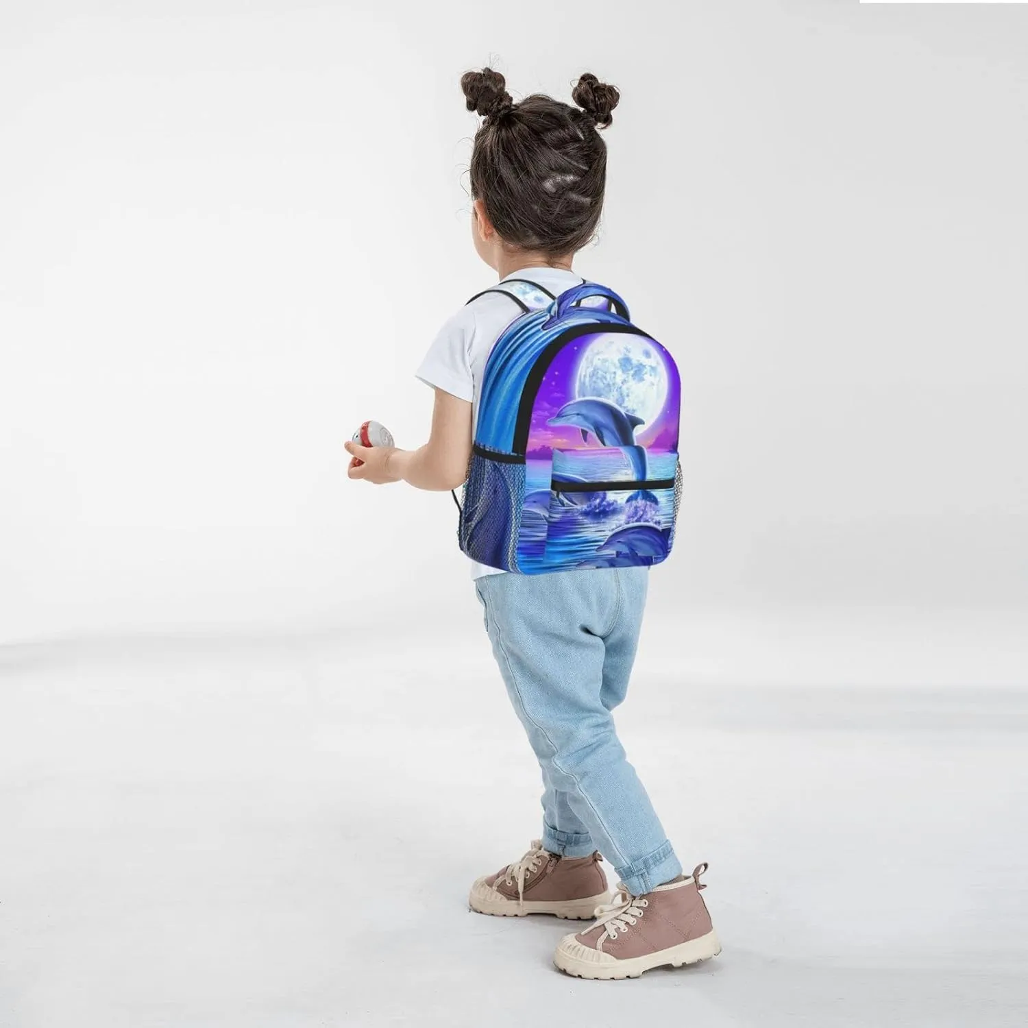 Kids Galaxy Moon Dolphins Backpack Bookbag 12 inch Laptop Bag Shoulder Bag Casual Daypack for Girl Boys