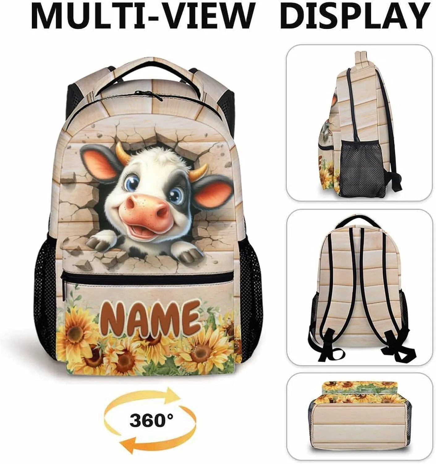 Kids School Backpacks, Custom Adorable Cow Backpack, Gift for Kids Back to School, Cute 17 Inch Animal Bookbag for School Picnic Camping