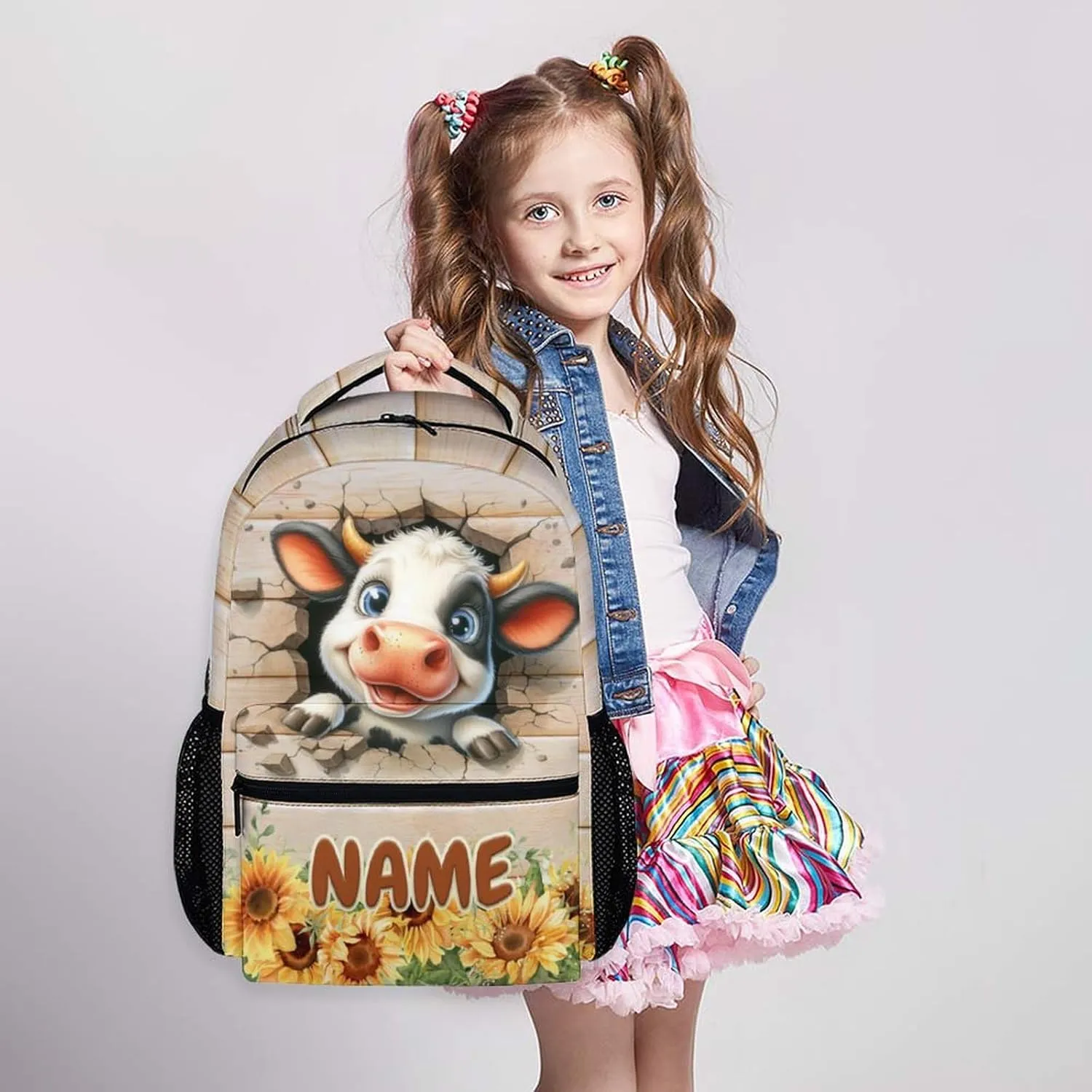 Kids School Backpacks, Custom Adorable Cow Backpack, Gift for Kids Back to School, Cute 17 Inch Animal Bookbag for School Picnic Camping