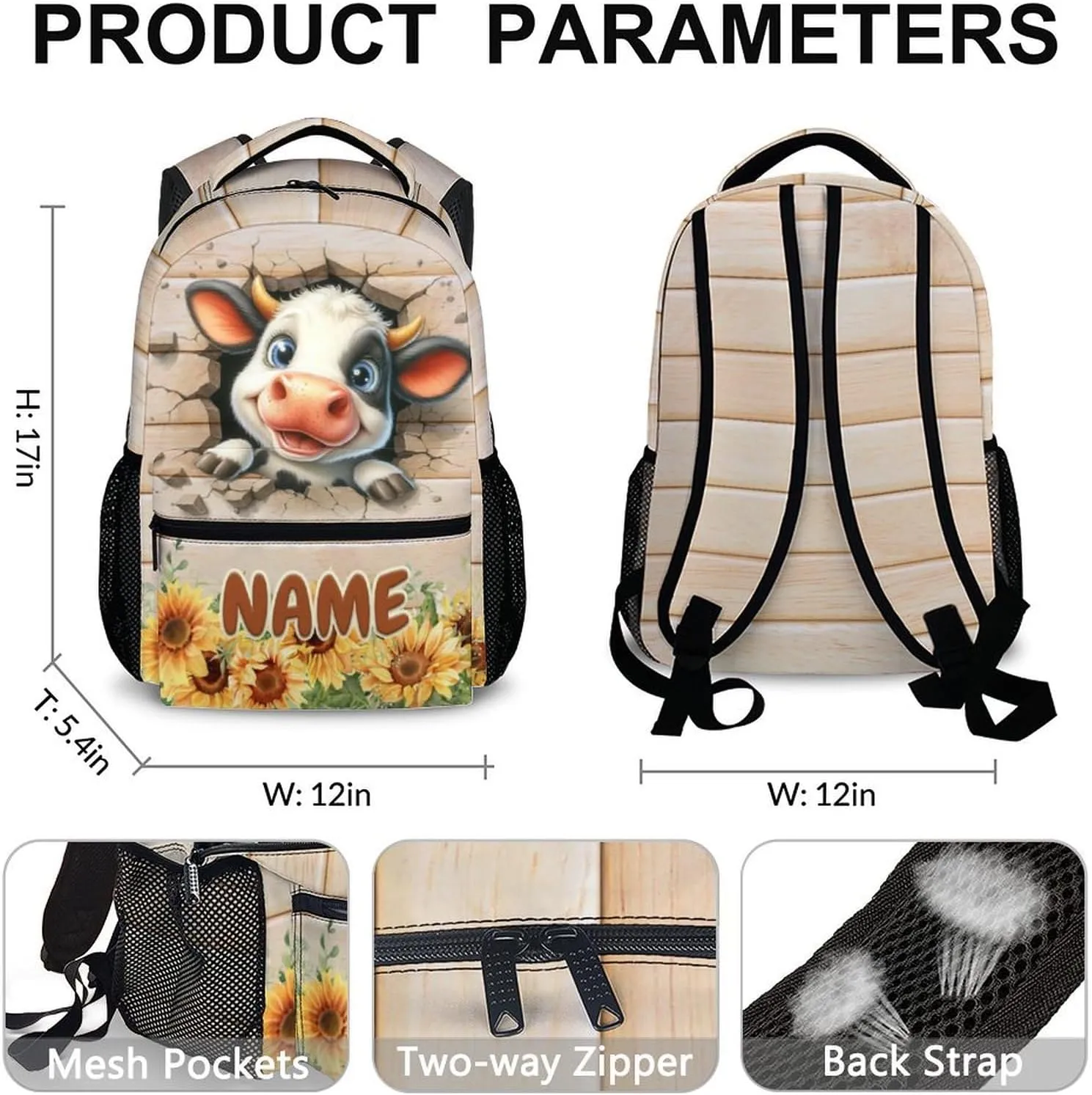 Kids School Backpacks, Custom Adorable Cow Backpack, Gift for Kids Back to School, Cute 17 Inch Animal Bookbag for School Picnic Camping