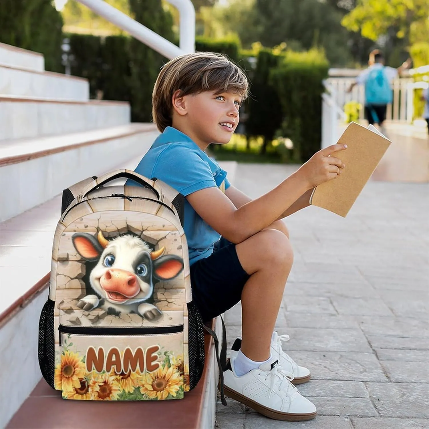 Kids School Backpacks, Custom Adorable Cow Backpack, Gift for Kids Back to School, Cute 17 Inch Animal Bookbag for School Picnic Camping