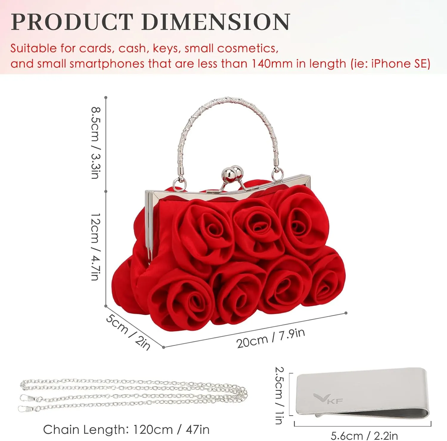 kilofly Missy K 7 Roses Clutch Purse, Satin, with Detachable Strap Money Clip