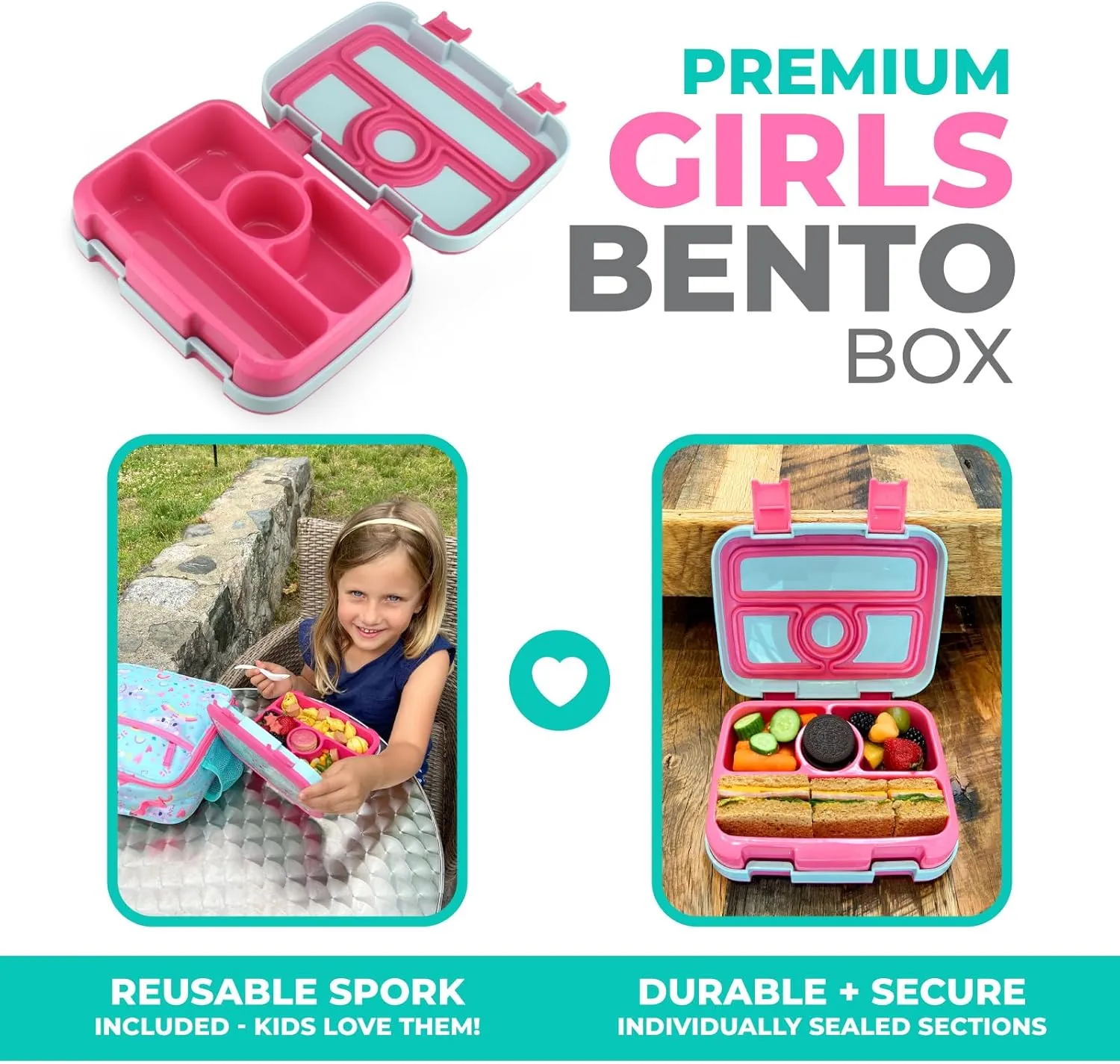 kinsho Bento Lunch Box for Kids Toddlers Girls, 4 Portion Sections Secure Lid, Microwave Safe BPA Free Removable Tray, Pre-School Kid Daycare Lunches Snack Container Ages 3 to 5, Pink Koala