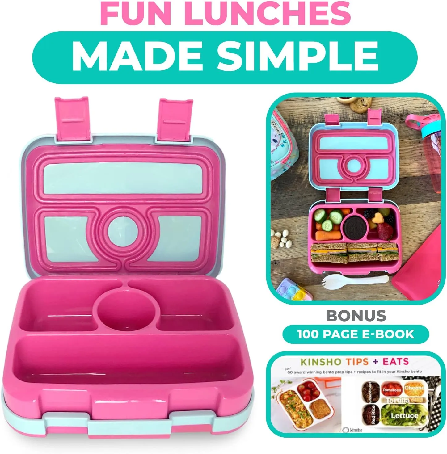 kinsho Bento Lunch Box for Kids Toddlers Girls, 4 Portion Sections Secure Lid, Microwave Safe BPA Free Removable Tray, Pre-School Kid Daycare Lunches Snack Container Ages 3 to 5, Pink Koala