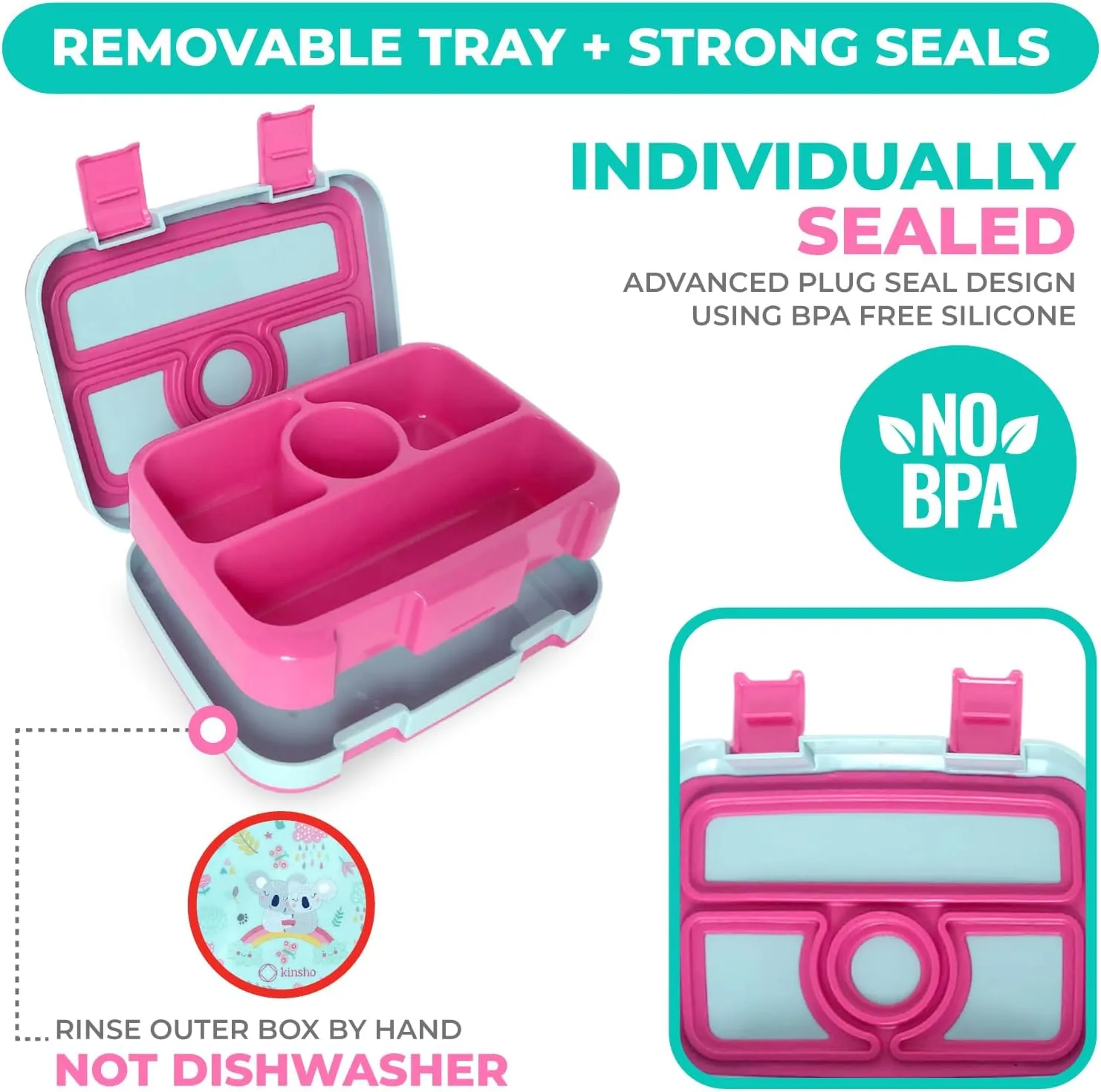 kinsho Bento Lunch Box for Kids Toddlers Girls, 4 Portion Sections Secure Lid, Microwave Safe BPA Free Removable Tray, Pre-School Kid Daycare Lunches Snack Container Ages 3 to 5, Pink Koala