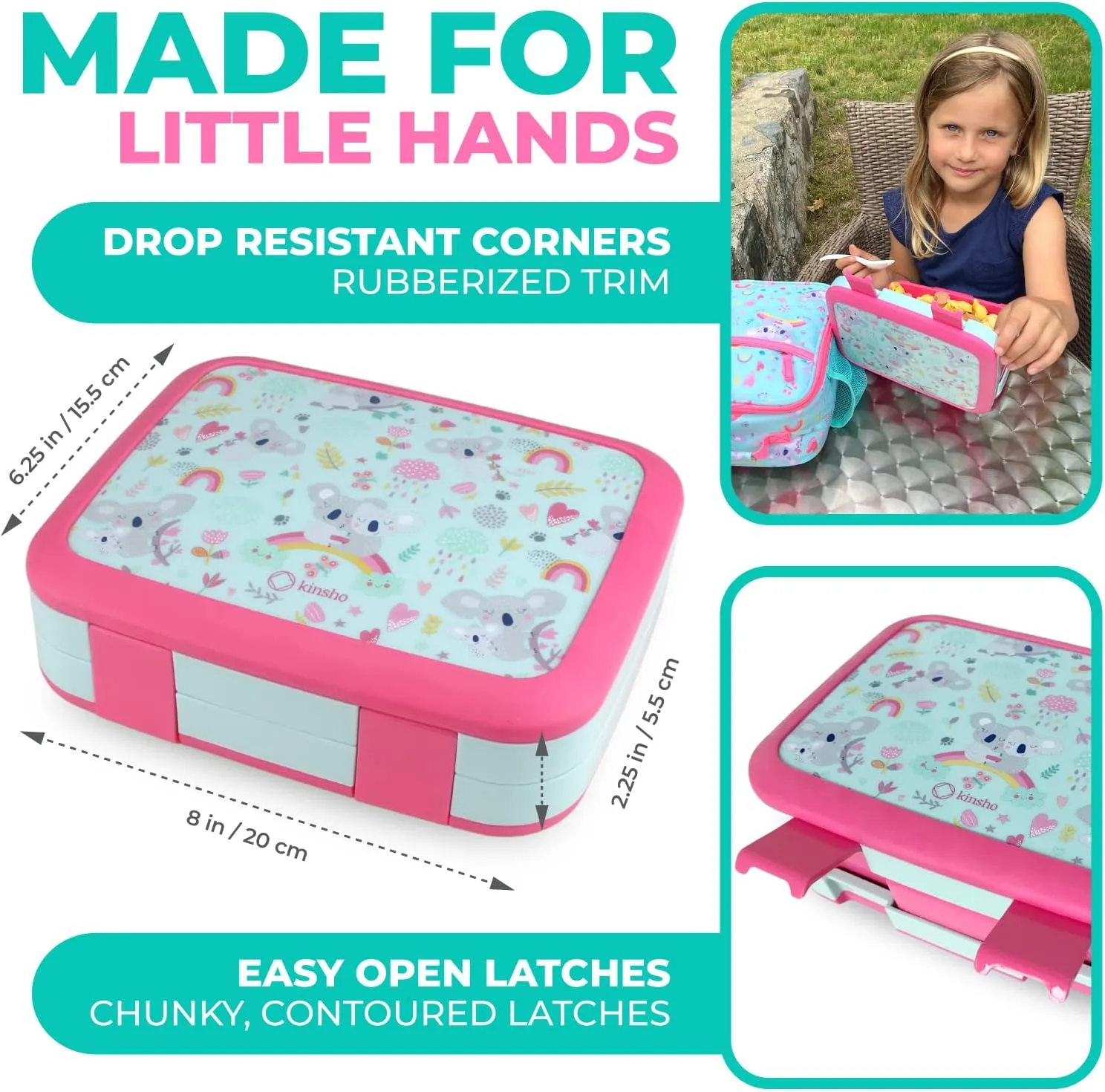 kinsho Bento Lunch Box for Kids Toddlers Girls, 4 Portion Sections Secure Lid, Microwave Safe BPA Free Removable Tray, Pre-School Kid Daycare Lunches Snack Container Ages 3 to 5, Pink Koala