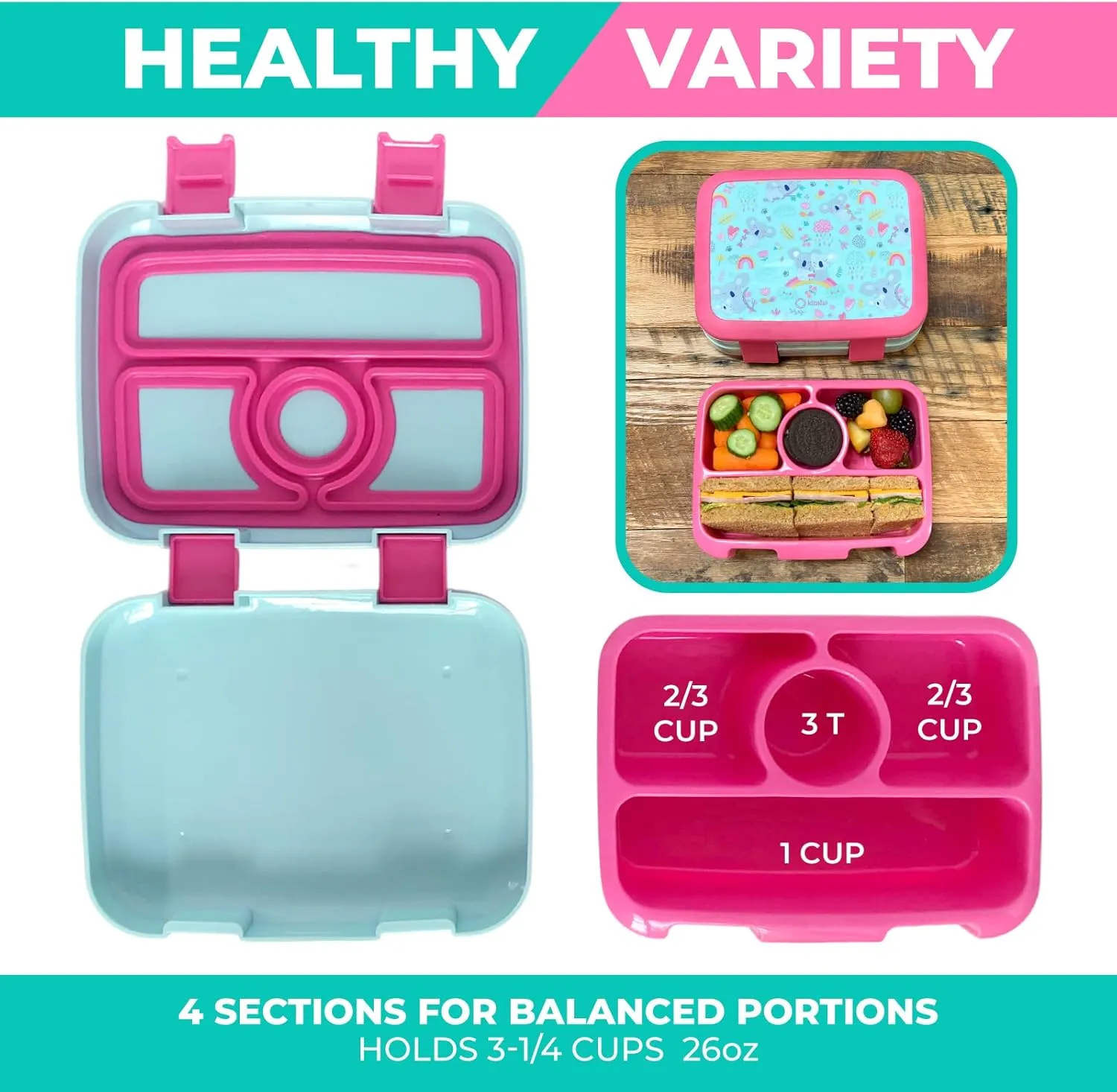 kinsho Bento Lunch Box for Kids Toddlers Girls, 4 Portion Sections Secure Lid, Microwave Safe BPA Free Removable Tray, Pre-School Kid Daycare Lunches Snack Container Ages 3 to 5, Pink Koala