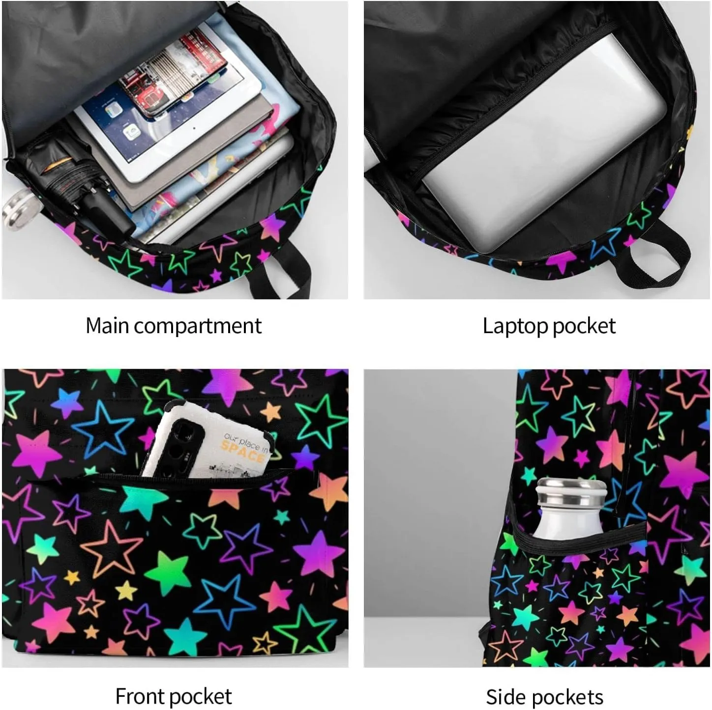 KiuLoam 17 Inch Backpack Bright Neon Stars Laptop Backpack Shoulder Bag School Bookbag Casual Daypack