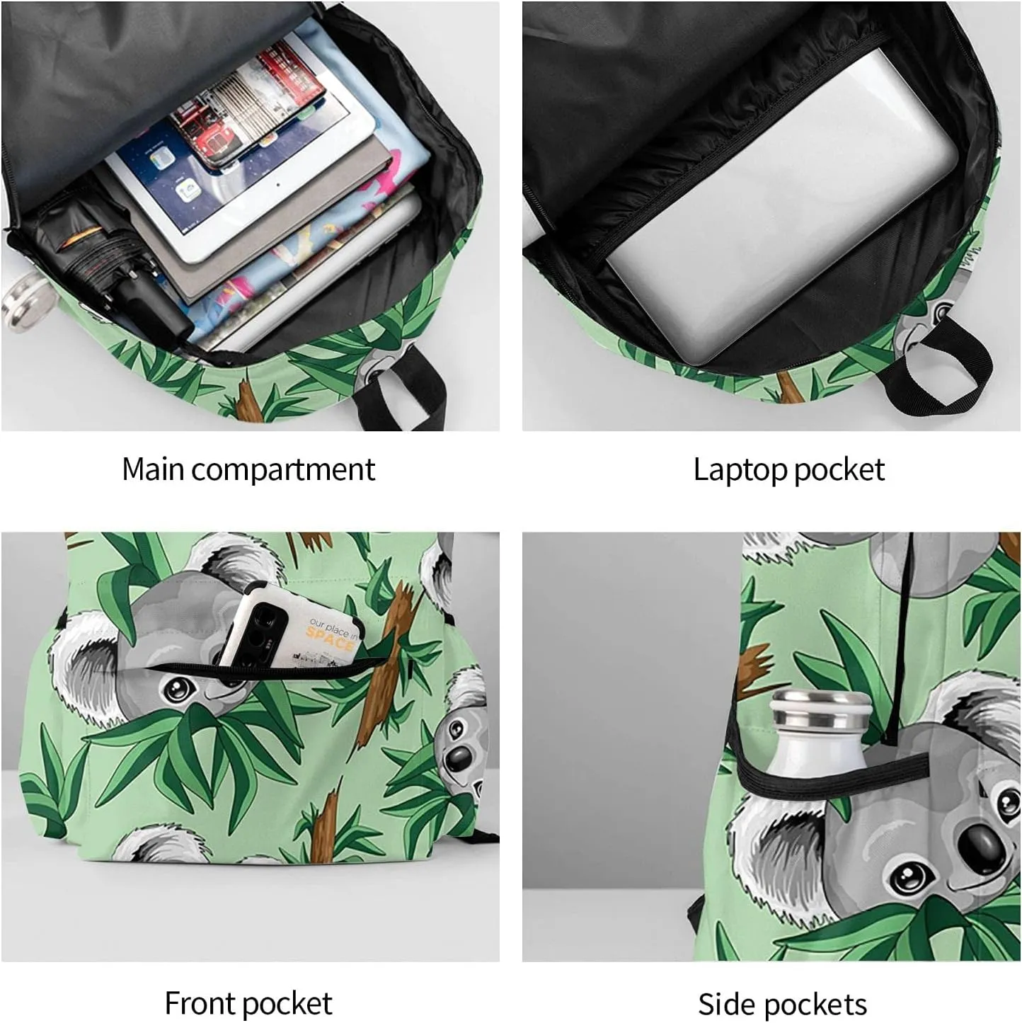 KiuLoam 17 Inch Backpack Koala Cute On Green Laptop Backpack Shoulder Bag School Bookbag Casual Daypack