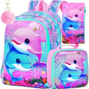 KLFVB 3PCS Dolphin Backpack, Water Resistant Kids Bookbag with Lunch Box for Girls, 16" Preschool Backpacks for Elementary - Dolphin Pink