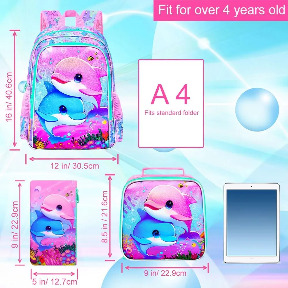 KLFVB 3PCS Dolphin Backpack, Water Resistant Kids Bookbag with Lunch Box for Girls, 16" Preschool Backpacks for Elementary - Dolphin Pink