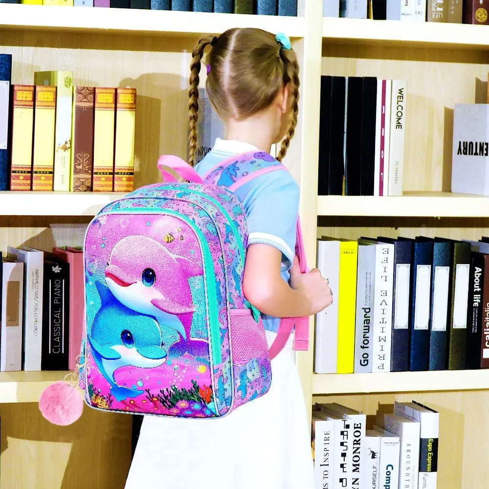 KLFVB 3PCS Dolphin Backpack, Water Resistant Kids Bookbag with Lunch Box for Girls, 16" Preschool Backpacks for Elementary - Dolphin Pink