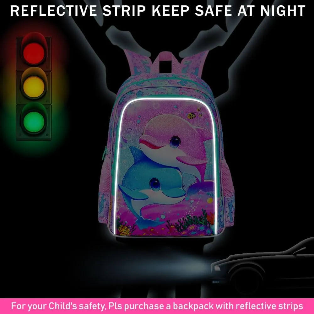 KLFVB 3PCS Dolphin Backpack, Water Resistant Kids Bookbag with Lunch Box for Girls, 16" Preschool Backpacks for Elementary - Dolphin Pink
