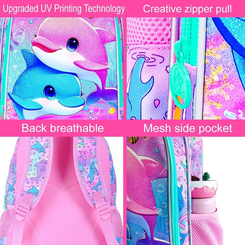 KLFVB 3PCS Dolphin Backpack, Water Resistant Kids Bookbag with Lunch Box for Girls, 16" Preschool Backpacks for Elementary - Dolphin Pink