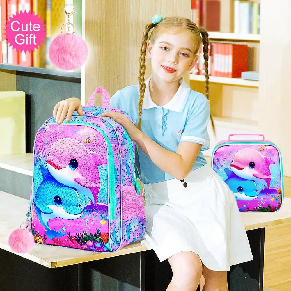KLFVB 3PCS Dolphin Backpack, Water Resistant Kids Bookbag with Lunch Box for Girls, 16" Preschool Backpacks for Elementary - Dolphin Pink