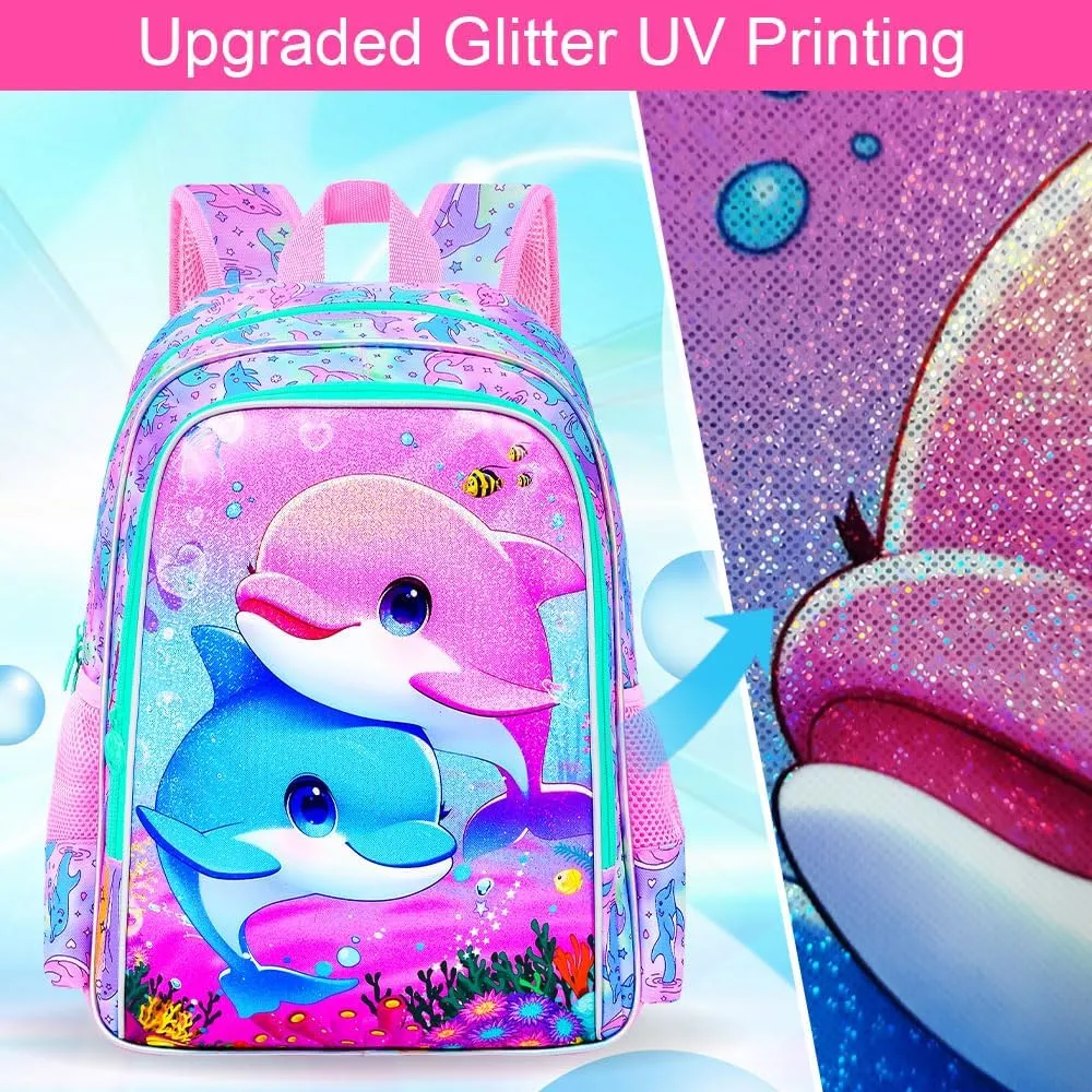 KLFVB 3PCS Dolphin Backpack, Water Resistant Kids Bookbag with Lunch Box for Girls, 16" Preschool Backpacks for Elementary - Dolphin Pink