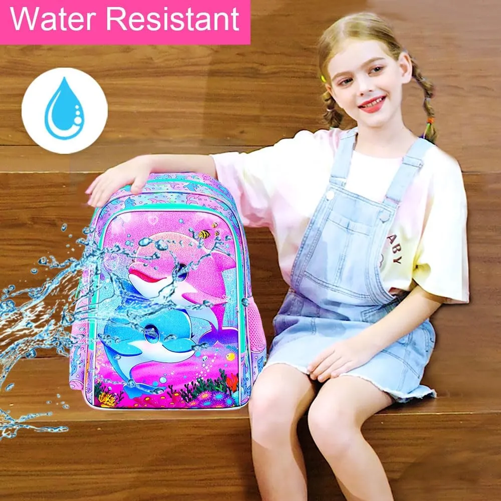 KLFVB 3PCS Dolphin Backpack, Water Resistant Kids Bookbag with Lunch Box for Girls, 16" Preschool Backpacks for Elementary - Dolphin Pink