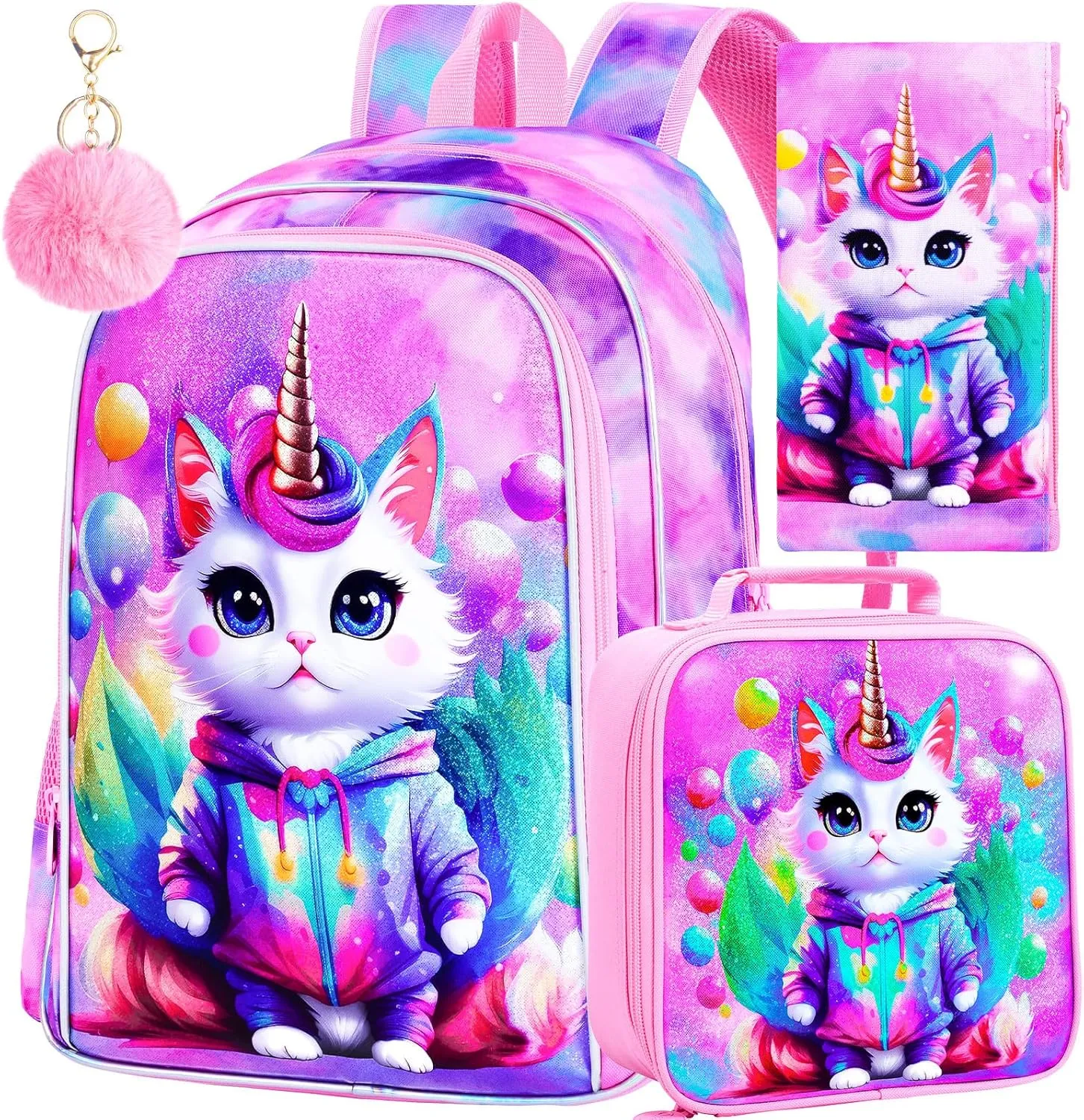 KLFVB 3PCS Girls Cat Backpack, Water Resistant Kids Unicorn Bookbag with Lunch Box, 16" Preschool Backpacks for Elementary - Cat Pink